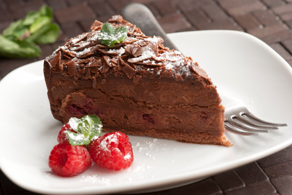 Chocolate ganache torte with raspberries
